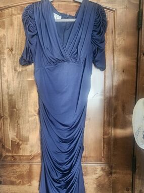 London Times Navy Ruched V-Neck Long Sleeve Dress